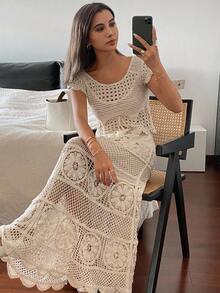 DAZY 2pcs Women's Summer Vacation Style Knit Vest And Skirt Set - Beige - View 5