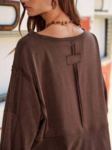 Easelle 女牛仔复古西部女式休闲宽松落肩纯色运动衫秋冬女装不对称下摆剪裁复古水洗 - 咖啡棕 - 查看 6