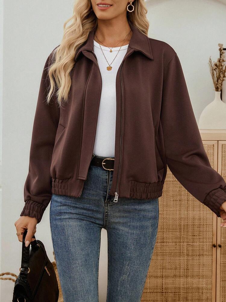 Damen Lässig Mode vielseitige einfarbige Reißverschluss Langarm braune Reißverschluss Jacke Herbst Winter Ausgehen