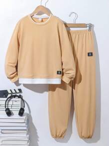 Bộ áo hoodie thường ngày cho bé trai tuổi teen, áo nỉ cổ tròn phối 2 trong 1, phù hợp cho đi học, mặc thường ngày và chơi thể thao. - Màu Khaki - Xem 1