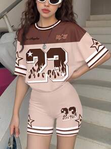 SHEIN Leap Crew Bộ 2 chiếc áo thun tay ngắn dáng rộng thoải mái cho bé gái tuổi teen và quần legging, phù hợp cho mùa hè - Nhiều màu - Xem 4