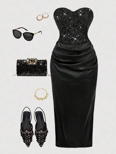 SHEIN MOD Plus Size Black Sequin Patchwork Fitted Bandeau Dress, Suitable For Formal Events And Parties. Glamorous Black Outfit Black Sparkly Dress Black Elegant Outfit Special Occasion Outfit, For Going Out