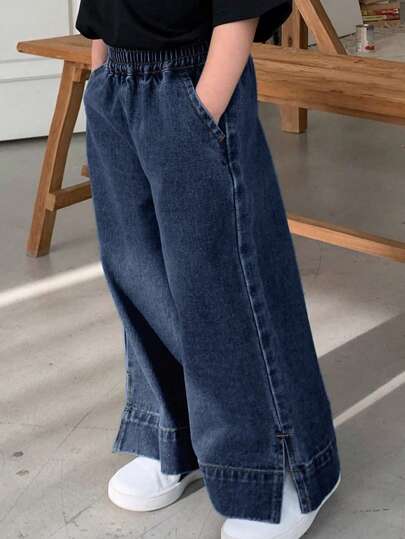 Dazy Kids Enfärgade jeans med slits i sidan och elastisk midja med fickor för unga flickor