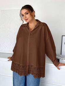 SHEIN Essnce Plus-Size Women Contrast Lace Button Up Blouse, Valentines Autumn Going Out Tops,Spring Rave Festival,Fall Clothes For Women - Brown - View 4