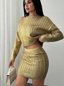 EURMUSE Women's Gold Foil Printed Circular Cable Knit Long Sleeve Beige And Gold Pattern Sweater Pullover And Knit Mini Skirt 2 Pieces Set,Petite Co Ord,Co Ord,Petite,Winter Clothes - Beige - View 3
