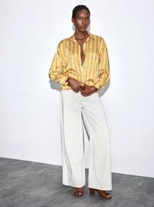 Maija 女士条纹长袖单排扣休闲条纹衬衫，百搭，适合休闲、正式、秋季、约会、夜间外出、教师、万圣节 - 黃色 - 查看 3