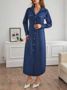 SHEIN Tall 高码宽松休闲纽扣前开襟长裙女装 - 藍色 - 查看 3