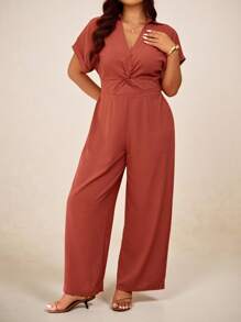 Elaquor Mono casual para mujer de talla grande con solapa, manga murciélago, cintura torcida y pierna ancha en unicolor - Color caoba - Ver 5