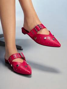 CUCCOO GRLICON Fashionable Metal Leather Belt Buckle Rivet Red Sandals - Red - View 3