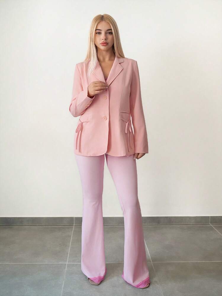 Sweetina Women's Loose Fit Blazer Jacket With Pocket & Bow Decor - Baby Pink - View 6