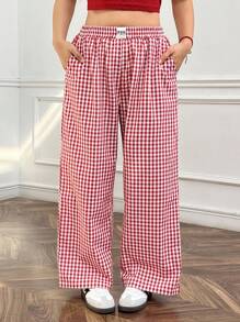 Solflare Plus Size Red & White Plaid Straight Leg Casual Pants With Pockets, Spring/Summer - Red - View 1