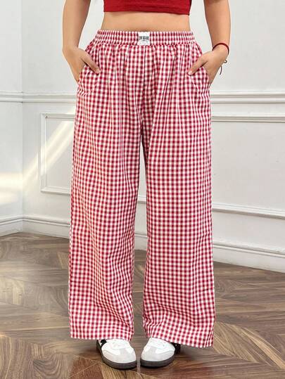 Solflare Plus Size Red & White Plaid Straight Leg Casual Pants With Pockets, Spring/Summer