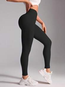 SHEIN Sports Women's Casual Solid Color High Waist Sports Leggings - Black - View 3
