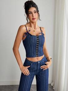 Elenzga Camizolă din denim cu curea și fundă pentru femei, la modă, casual