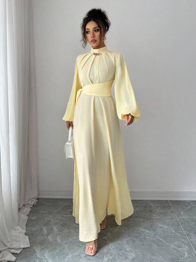 Selianne 女士优雅休闲中长连衣裙，法式浪漫西西里风格，纯色柔和黄色，立领，褶袖，腰带，松紧后腰，仿金属装饰，适合通勤、度假、下午茶、派对 - 淡黃色 - 查看 6