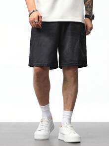 Manfinity Homme Men's Black Casual Denim Shorts, Summer Men Washed Black Denim Shorts Streetwear Men Shorts