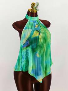 Amplova 花卉印花褶饰不对称下摆休闲背心 - 綠色 - 查看 5