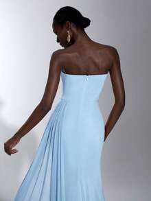 Elegant Dusty Pink Bandeau Ruched Waist Fishtail Mesh Ruffle High Slit Side Draped Maxi Dress, Suitable For Spring/Summer Dating, Vacation, Party, Wedding, Graduation, Formal Occasion - Baby Blue - View 7