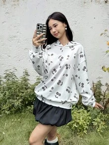 SHEIN Áo sweatshirt dáng rộng in hình quả anh đào dễ thương, phong cách thường ngày dành cho nữ tuổi teen, thích hợp cho mùa Thu/Đông. - trắng - Xem 4