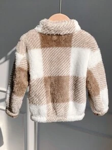 SHEIN 男女通用婴儿格子毛绒立领拉链夹克，可爱百搭，秋冬婴儿服装 - 彩色 - 查看 6