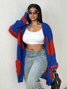 Maweii Plus Size Women Contrast Color Casual Loose Striped Pocket Open Front Cardigan Sweater Fall Winter Cloth For Women Autumn - Blue - View 6