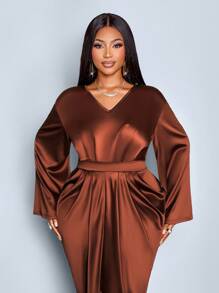 SOLERSUN Đầm dài tay dài, cổ chữ V, xẻ tà, thắt nơ, chất liệu satin co giãn bóng, kiểu dáng mới mùa thu xuân, thanh lịch, thích hợp cho công sở, sinh nhật, dạ hội, tiệc cocktail, đám cưới, mùa lễ hội, thời trang nữ. - màu nâu - Xem 5