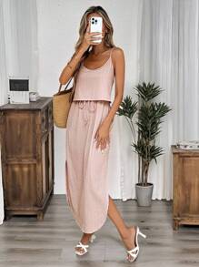 SHEIN LUNE 女式夏季休闲度假纯色纹理面料抽绳腰高开衩吊带裙 - 粉色 - 查看 3