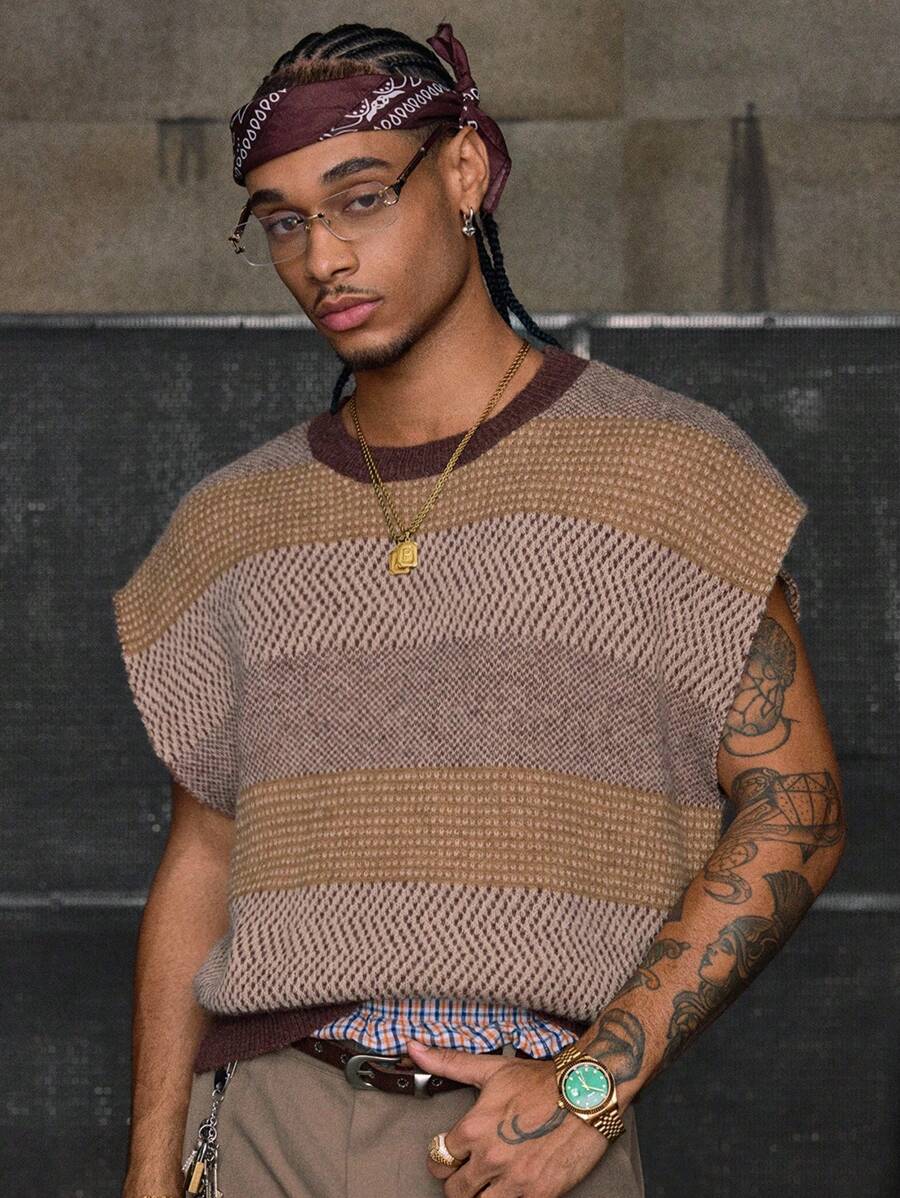 AXEPEAK Chaleco de punto casual de moda con cuello redondo y contraste de color para hombre, otoño e invierno - Multicolor - Ver 1