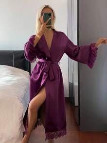 DAZY Charming Satin Contrast Lace Long Robe For Women, Fall Pajama - Purple - View 6