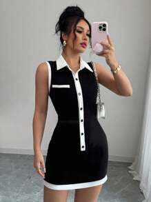 Đầm Mini Không Tay Cài Nút Cổ Tương Phản Cho Nữ - màu đen - Xem 3