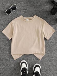 SHEIN 1pc Young Boys Summer Casual Street Graffiti Letters Versatile Pattern Loose Short-Sleeved Knitted T-Shirt,Suitable For School,Daily Vacation & Travel - Apricot - View 4