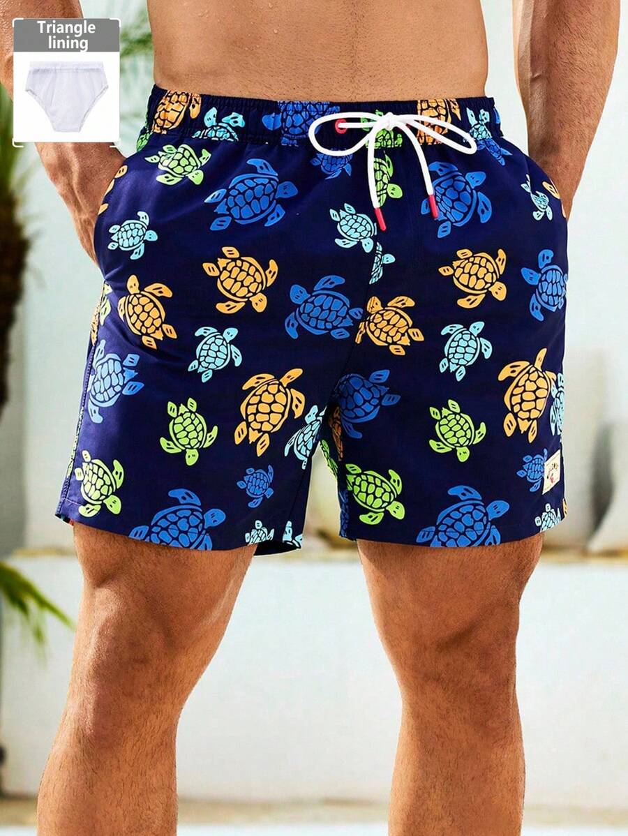 Manfinity Swimmode Men's Casual Turtle Print Beach Shorts,Hawaiian