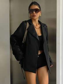 DAZY 女士休闲系带翻领西装外套，常规版型，秋季女式外套 - 黑色 - 查看 9