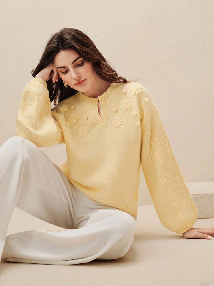 Women's Embroidered Floral Yellow Sweater With Scissor Collar, Fashionable Loose Knit Pullover Top For Spring, Elegant Women's Top
