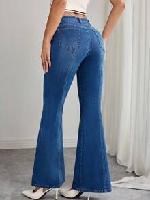 Elenzga Quần jeans ống loe ôm vừa vặn, giặt thường ngày dành cho nữ - Màu xanh lam - Xem 2