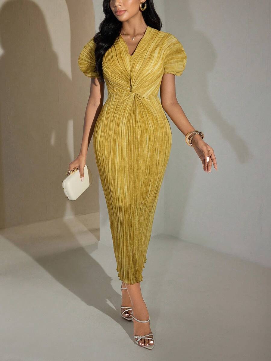 Modelyn 女式纯色V领短款泡泡袖扭腰设计修身优雅连衣裙