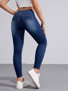 Jeanoix 女式口袋破洞紧身休闲牛仔裤 - 深色水洗藍 - 查看 2