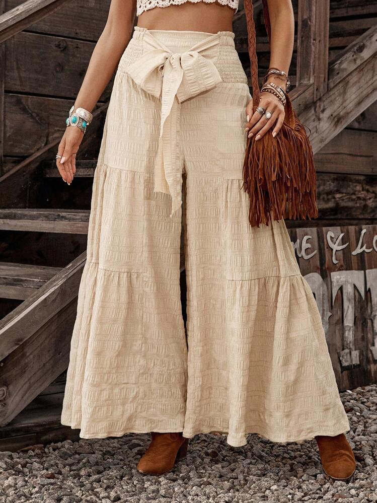 LanaWest Women's Loose Textured Fabric Front Detail Back Drawstring Design Pants, Khaki Fall Cloth For Women - Khaki - View 8