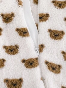 SHEIN 男婴熊图案双面羊毛连帽连体衣，厚款，适合秋冬季 - 彩色 - 查看 1