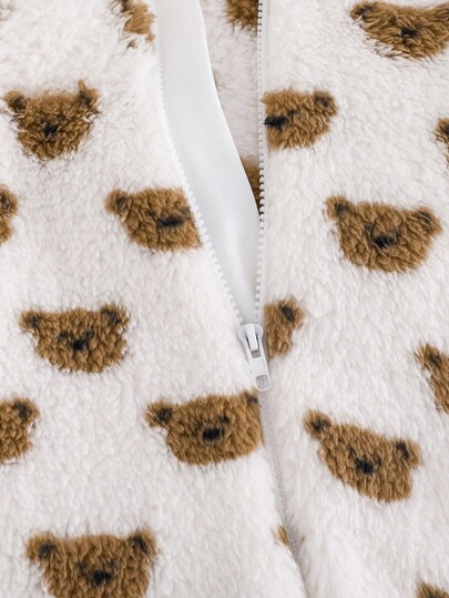 SHEIN 男婴熊图案双面羊毛连帽连体衣，厚款，适合秋冬季