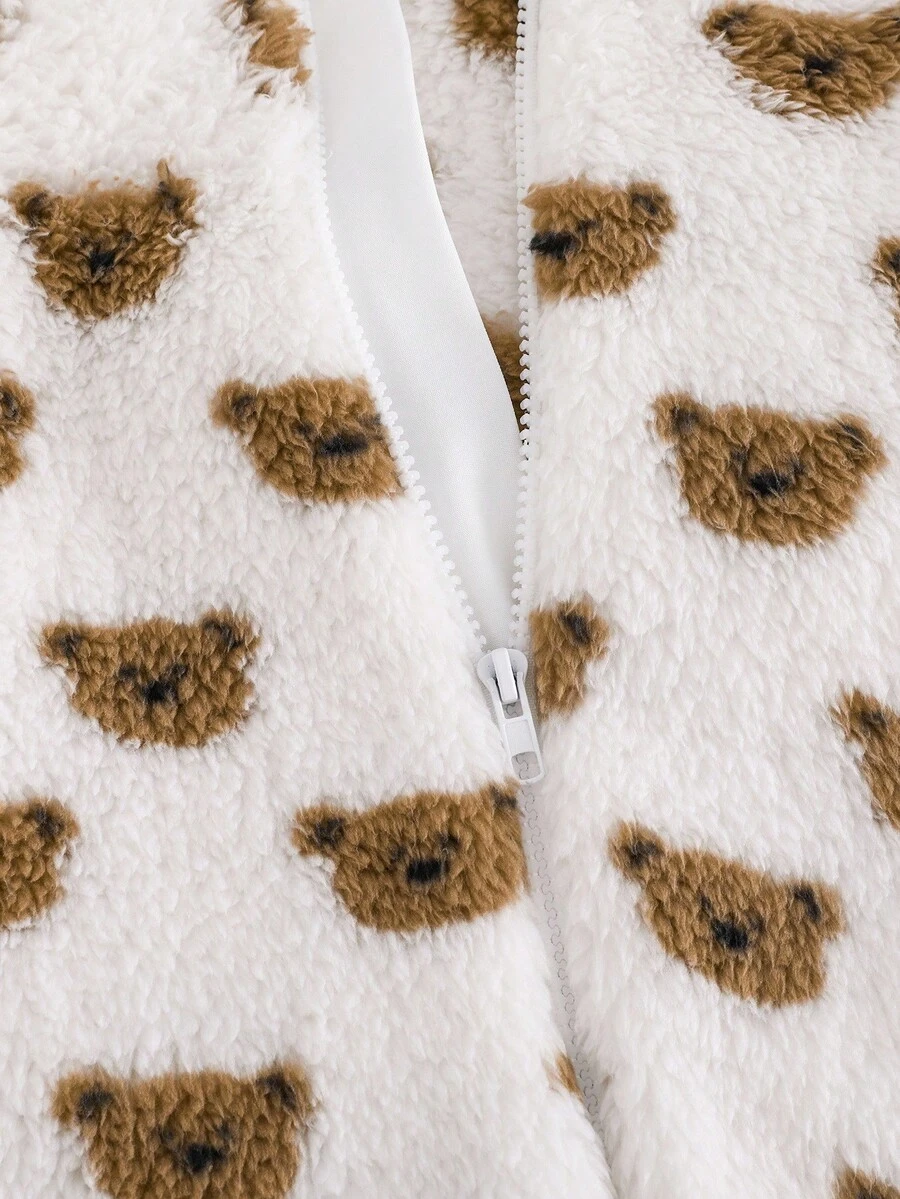 SHEIN 男婴熊图案双面羊毛连帽连体衣，厚款，适合秋冬季 - 彩色 - 查看 1