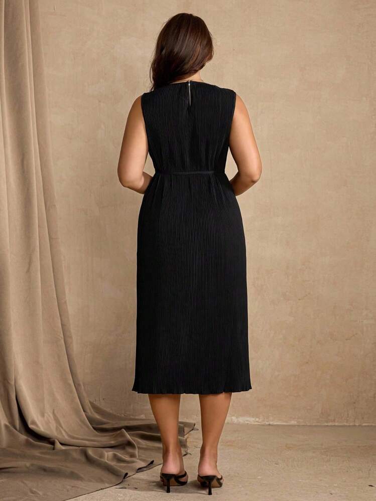 Roveilla 大码女式优雅圆领束腰无袖长连衣裙，通勤风格 - 黑色 - 查看 2