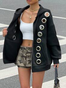 Muchica 2025 New Arrive Fall Women Fashion Avant-Garde Grommet Design Black Hooded Sweatshirt, Cropped Jackets For Going Out Outfits, Back To School,  Streetwear, Grunge And Punk Chic, Y2K Clothes, Edgy Clothes Woman And Unique Clothes