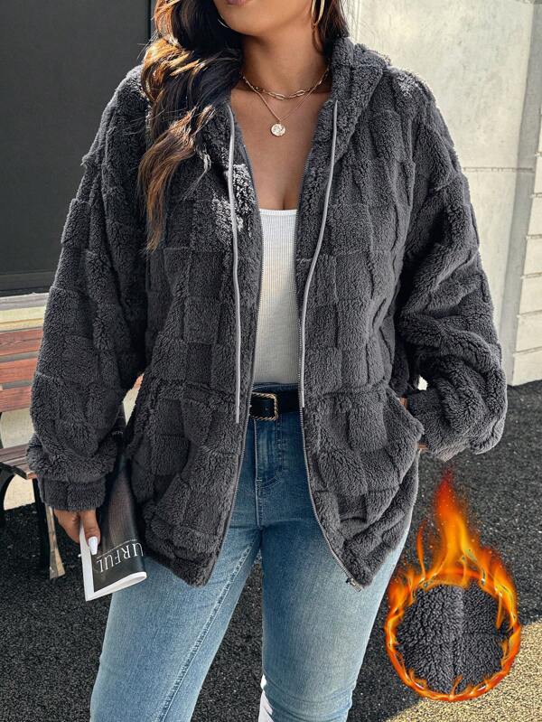 SHEIN LUNE Warm & Comfortable Casual Gray Fluffy Jacket, Plus Size, Suitable For Outings, Autumn Season Thanksgiving Women New Years Women Winter Women Rave Fall