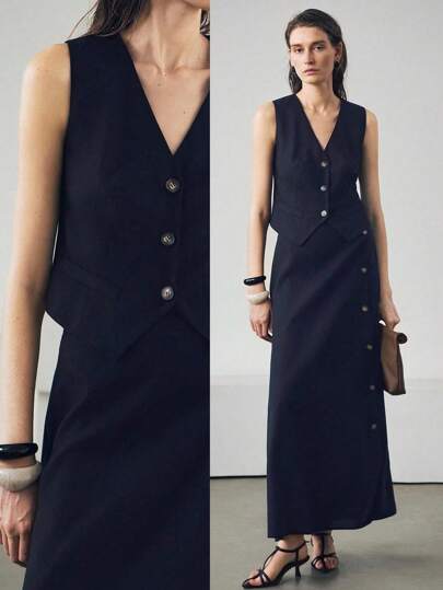 Uhlyne 女士新款休闲通勤工作服亚麻单排扣V领背心和亚麻伞裙两件套，秋季