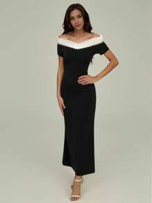 Modelyn Vestido largo ajustado con detalle de volantes de cuentas y hombros descubiertos - Negro - Ver 6