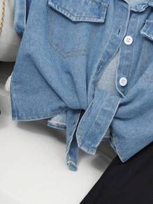 Sparklyn 2pcs/Set Tween Girls Blue Washed Twist Denim Cropped Top + Black Knit Camisole Dress, Casual Versatile Outfit - Black - View 5