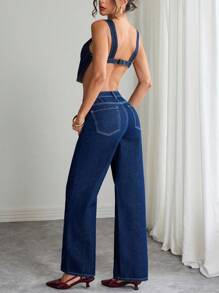 Elenzga Conjunto de top corto sin espalda y pantalones vaqueros para mujer, ideal para el día a día - Azul lavado oscuro - Ver 2
