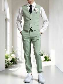 SHEIN 2pcs Set Tween Boys' Korean Slim Fit Formal Wedding Banquet Piano Recital Emcee Vest Outfit. Loose Casual Asymmetrical Vest + Straight Casual Pants