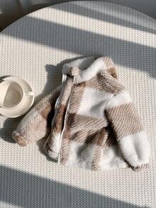 SHEIN 男女通用婴儿格子毛绒立领拉链夹克，可爱百搭，秋冬婴儿服装 - 彩色 - 查看 4